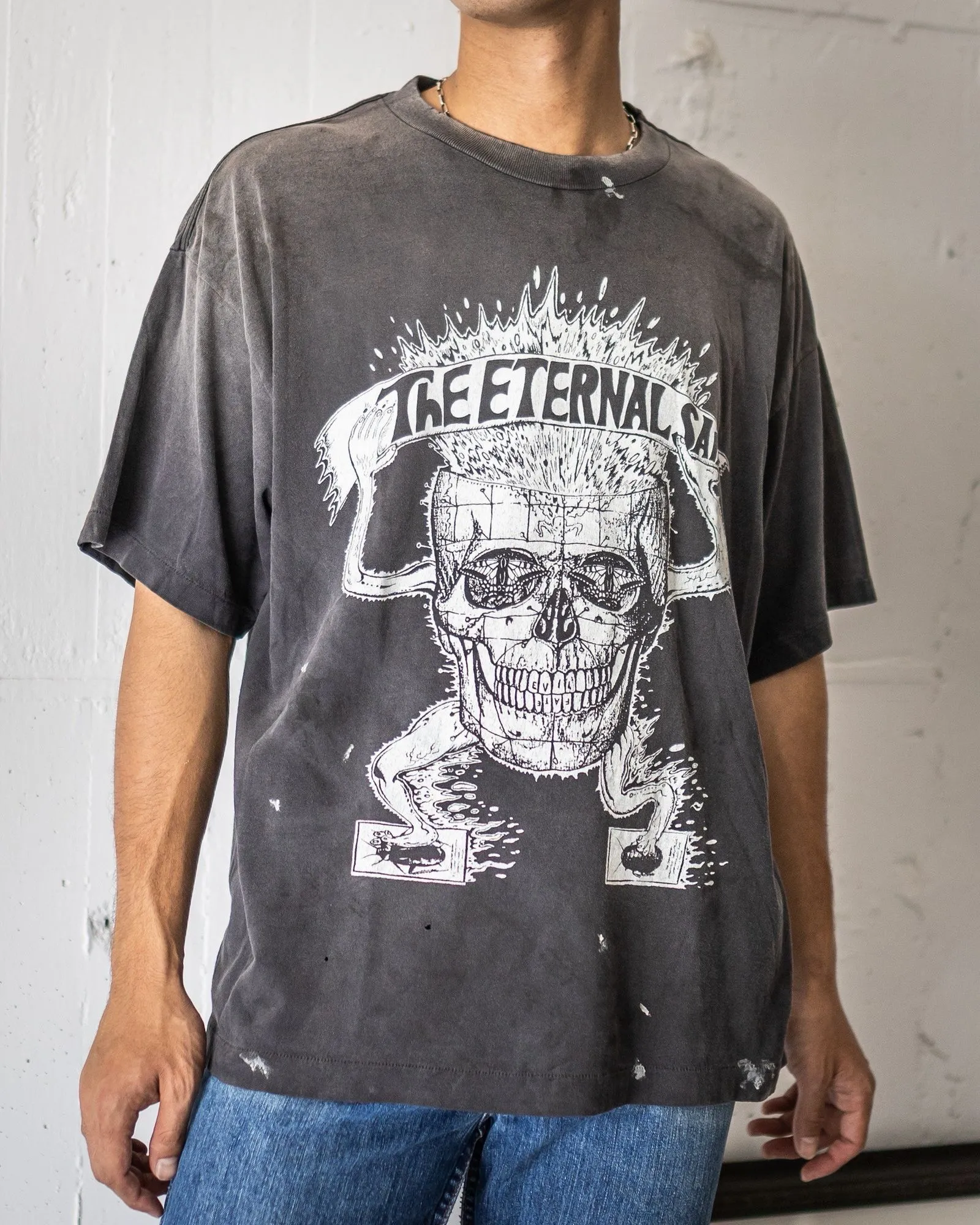 SAINT Mxxxxxx SS TEE/THE ETERNAL/BLK Latest Skeleton Beetle Distressed Sulfur Dyeing Retro Short Sleeves Washed Black S-XL Garment Dyeing Rewashed for Distressed Horse Replacement Faded Top Printing Technology Simulates Natural Distressed Style Really Correct Version Original Consistent Main Mark/Washed Mark/Angel Anti-Counterfeiting Mark